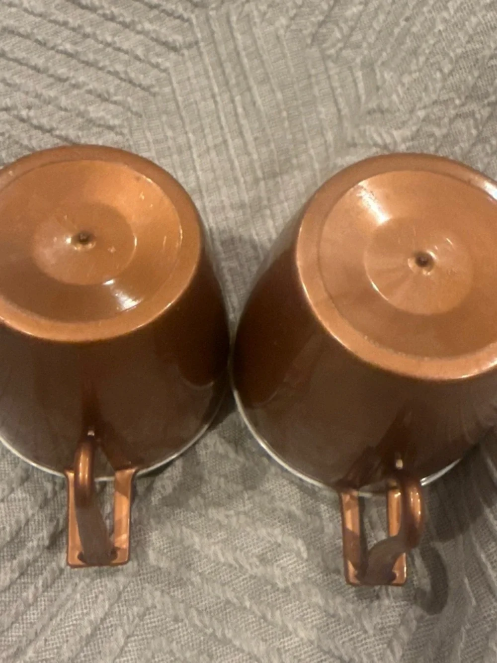 Set of 2 vintage Metallic Copper plastic Coffee Mugs with White Rim